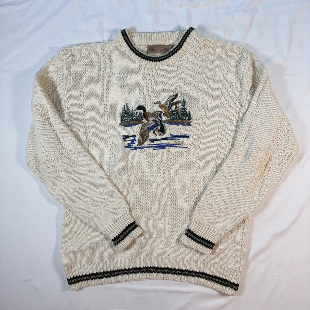 Shenandoah Mens Vintage Mallard Duck Embroidered Knit Sweater Cream Size M USA